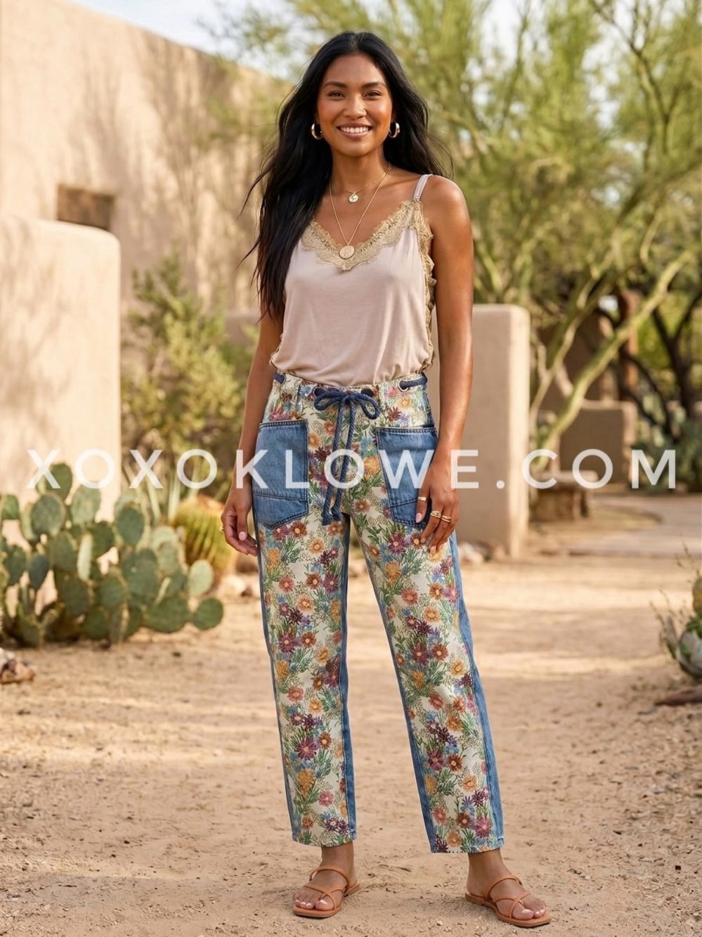 Oli & Hali Floral Jacquard Barrel Jeans | Moxie Rope Tie Denim Pants - Picture 3 of 12
